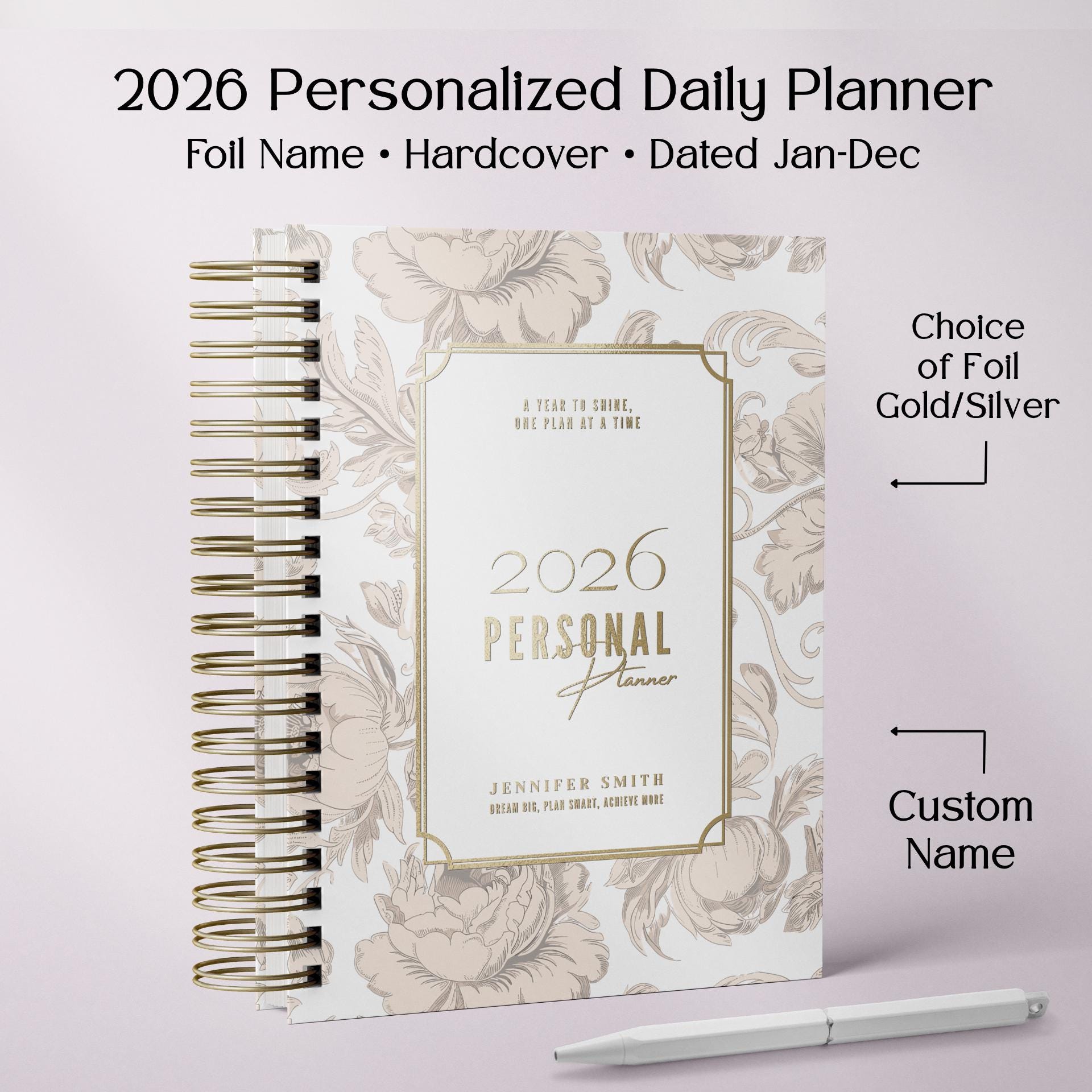 Personalized Tan 2026 Daily Planner, Romantic Lilies Hardcover Planner ...