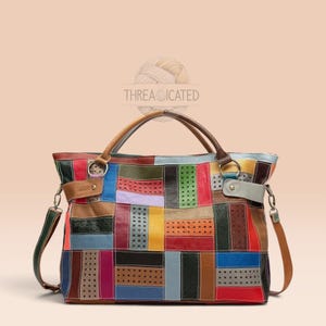 Torba typu tote inspirowana rzemiosłem, wykonana z pierwszej warstwy skóry bydlęcej, z patchworkiem – torebka z wieloma kieszeniami – luźna torba na ramię na co dzień – vintage boho travel