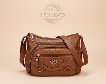 Sac à bandoulière en cuir tressé coeur d'inspiration artisanale à plusieurs poches - Sac à main organiseur de plusieurs poches - Sac à bandoulière de voyage souple et souple au quotidien