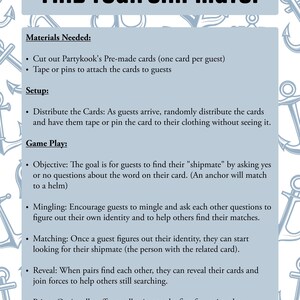 May include: A blue and white printable game instruction sheet with the title "Find Your Shipmate!"  The instructions include materials needed, setup, and game play.  The instructions are decorated with anchor illustrations.