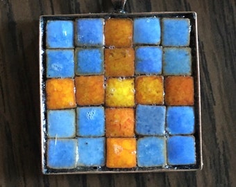 Tile Cross Mosaic - Orange and Blue - handmade  - T-01 - OOAK - SRA - cgge