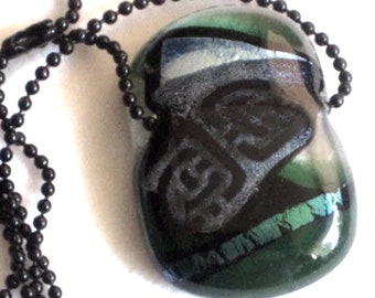 Dark Greens and Blue with Dichro Highlights. Subtle Celtic Design with 18" Black 1mm chain - P-14 -  OOAK