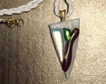 White Triangle with Red and Green Dichroic Fused Glass Pendant - P-01 - OOAK - sra - cgge