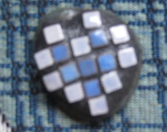 Tile Mosaic Heart Rock Blue Heart with White Border Paperweight Keepsake Mini - R-02 - Valentines Day - handmade ooak