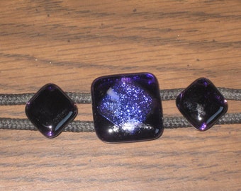 SALE - Dichroic Fused Glass Hatband -  Purple with Rainbow Aqua Dichro Cabochon and Purple Dots and Black Cord  - OOAK - SRA - cgge