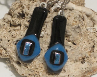 Put on Your Dancin' Shoes - Beautiful Black and Blue Dichroic Fused Glass Earrings - E-06 - OOAK -SRA