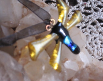 Yellow Dragonfly Pendant Necklace with Iridescent and Dichroic Fused Glass - DF-02 - OOAK - SRA - cgge