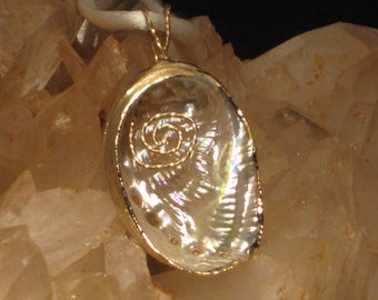 14kt Gold Spiral and Gold Edged White Pearlescent Shell with White Rayon cord- P-08 - OOAK - sra