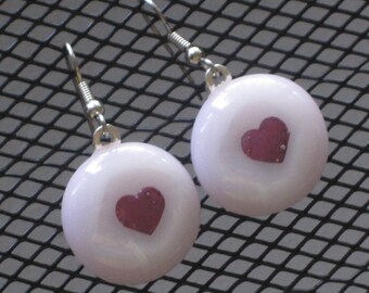 Pink with Red Copper Hearts Fused Glass Earrings - E-07 - OOAK - sra - cgge