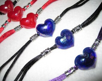 Lovely Glass Heart Bracelet - Iridescent Red or Purple with Satin Cord and Silver Plated Beads - OOAK - SALE