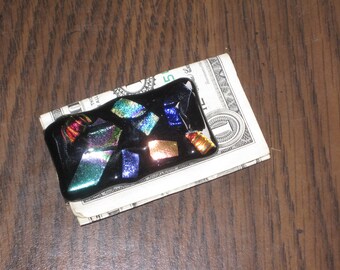 Sale - Multi-Colored Dichroic on Black Glass Money Clip - M-01 - OOAK - cgge - SRA