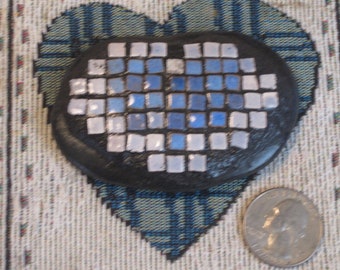 Tile Mosaic Heart Rock White and Blue Paperweight Keepsake Mini - Valentines Day - handmade - R-05 - ooak