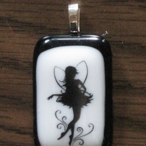 Black Fairy on White and Black Fused Glass Pendant P-09 OOAK sra cgge image 1