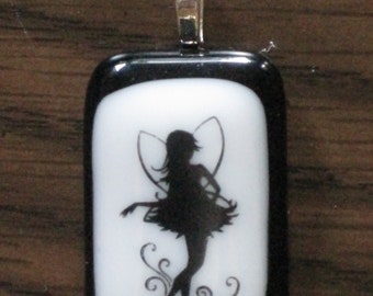 Black Fairy on White and Black Fused Glass Pendant - P-09 - OOAK - sra - cgge