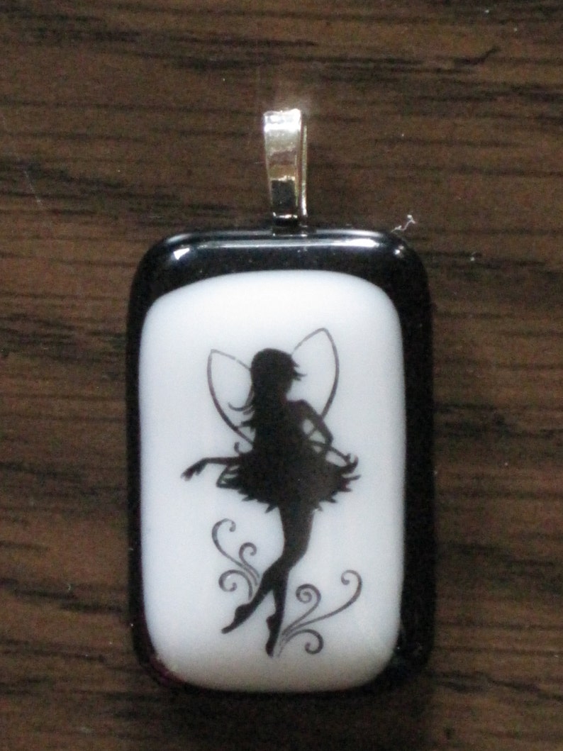 Black Fairy on White and Black Fused Glass Pendant P-09 OOAK sra cgge image 1