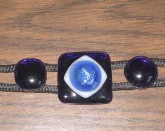 Sale - Dichroic Fused Glass Hatband - Blue, White and Dichro on Purple  with Purple Dots and Black Cord  - HB-03 - OOAK - SRA - cgge