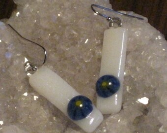 Iridescent White with Blue Millefiore dots Fused Glass Earrings - OOAK - SRA