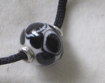 Black and White Dotted Handmade Lampwork Bead with Black Cord - B-04 - OOAK -