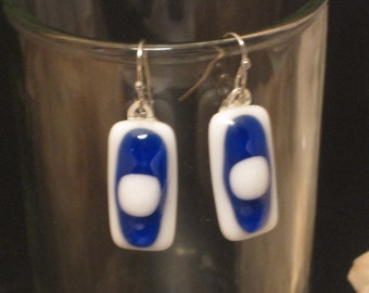 White and Blue with White Dots Fused Glass Earrings - E-08 - OOAK