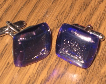 Deep Blue Iridescent Fused Glass Cuff Links - CL-04 - OOAK - SRA - cgge