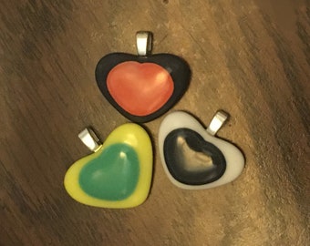 SALE- Candy Button Fused Glass Heart on Heart Pendants - CH-03 - OOAK