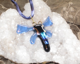 Blue Dragonfly Pendant Necklace with Iridescent and Dichroic Fused Glass - DF-01 - OOAK -SRA - cgge