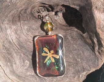 SALE - Golden Dichroic DragonFly Iridescent Fused Glass 14k Gold Fill Wire Wrapped Pendant - P-15 - OOAK