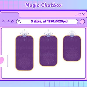 May include: Three purple chat boxes with a gold border and a white star with an eye in the center. The chat boxes are on a white background with the text "3 sizes, at 1290x1020pxi" above them.