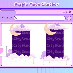 May include: Purple Moon Chatbox is a digital chatbox with a purple background and a crescent moon with clouds on either side. The chatbox has a search bar and navigation buttons. The text "Purple Moon Chatbox" is at the top of the image.