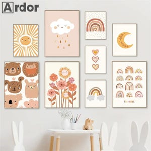 Poster immagini cameretta bambini · Idea regalo per bambini · Raggi di sole fiori arcobaleno nuvola · Stampa decorativa senza cornice
