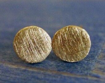 14K Gold Organic 5mm Round Studs. Antique Style Textured Rough Recycled Gold Natural Unpolished Earrings. Rustic Scratches Hand Finish.