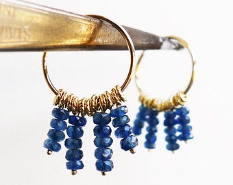 Baby Medusa. Blue Sapphire 14K Solid Gold Dangle Earrings. Oriental Hoop Sea Inspired Luck Boho Chic Vintage Style Gold Endless Chandelier.