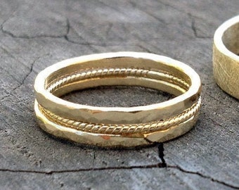 Set of 3 Gold Stacking Rings. Hammered 14K Recycled Gold Woman Wedding Bands + Thin Rope Ring. Timeless Earthy Gold Wedding Collection.