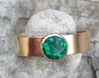 The Green Deal. Satin Brushed 14K Solid Gold Proposal Band. Unisex Comfort Fit Flat 5/6mm Recycled Gold Ring with Man Made Lab Green Emerald