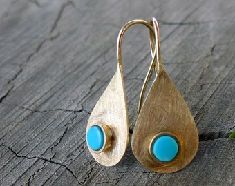 Rain Drop Earrings. Turquoise 14K Gold Dangle Earrings. Tear Drop Birthstone Recycled 14K Solid Gold Pear Shape Evil Eye Protection.