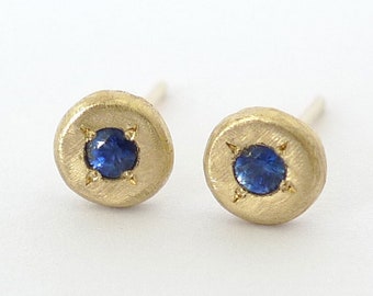 Blue Sapphires 14K Recycled Solid Gold Organic Round Studs Flush set Blue Evil Eye Protection Good Luck Earrings Rustic Circle Unisex 5.5mm