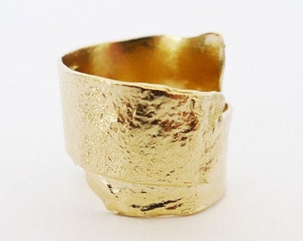 The Lava Hug. Unique Wide 14K Gold Ring. Handmade Textured Organic Rough Rustic 14K Gold Wedding Band. Coiled Birch Bark Earthy Wrap Ring.