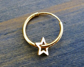 Carry Your Star. 14K Solid Gold Hoop Glittering Star Charm Earring. Outline Star Recycled Gold Circle Helix Cartilage Seamless Endless Hoop