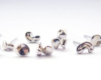 Tiny Silver Nugget Studs Unisex Minimalist Earrings. Mix and Match Organic Raw Shapes Mismatch Earrings. 925 Recycled Molten Silver Nugget.