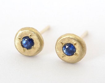 Blue Sapphires 14K Recycled Gold Organic Round Stud Earrings. Hand Made Evil Eye Protection Good Luck Rough Timeless Design 5.5 mm Diameter.