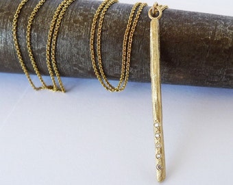 Sparkling Comet. 14K Recycled Yellow Gold Stick Bar Diamonds Pendant Necklace. Long Line Charm Y Line Bar Layering Lariat Solid Gold Gift.