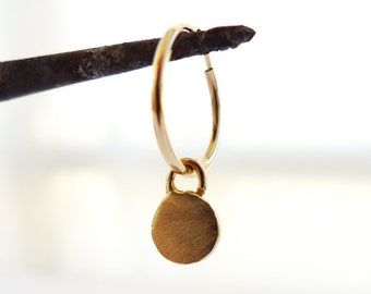 Dangling Disc Charm. 14K Solid Gold Plate Charm Hoop Earring. Stylish Gold Loop Circle Earring. Engrave-able Personalized Hanging Disc Charm