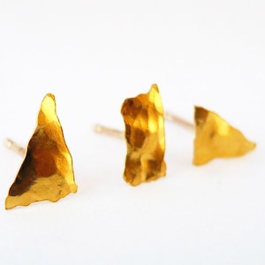 24K Gold Shapes. Unisex Hammered Recycled Pure Gold Earring. Mix & Match One Organic Primitive Rectangle Triangle 8mm 24K Raw Gold Stud. image 1