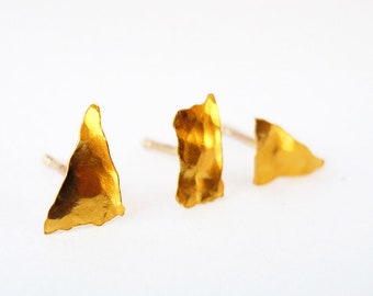 24K Gold Shapes. Unisex Hammered Recycled Pure Gold Earring. Mix & Match One Organic Primitive Rectangle Triangle 8mm 24K Raw Gold Stud.