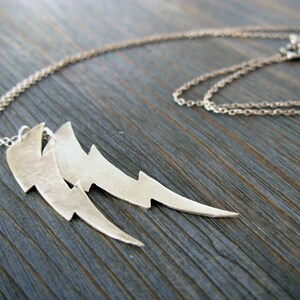 Flash Gordon. Double Lightning Bolt Pendants Recycled Sterling Silver Hand Cut on Long Chain. Unisex Rough Animation Duo Bolt Necklace. image 3