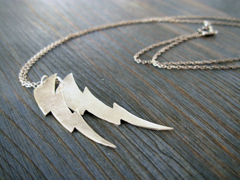 Flash Gordon. Double Lightning Bolt Pendants Recycled Sterling Silver Hand Cut on Long Chain. Unisex Rough Animation Duo Bolt Necklace. image 3