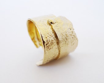 Lava Hug. Rustic Textured 14K Solid Gold Organic Shape Ring Big Unpolished Melting Wide Coiled Recycled Large Wrap Bark Brutalist Cigar Band