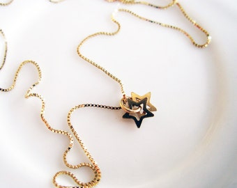 Gold Stars. Delicate All Day 14K Gold Necklace & Couple Tiny 14K Gold Star Charms. Thin Dainty Petite Box Chain With 2 Open Gold Stars.