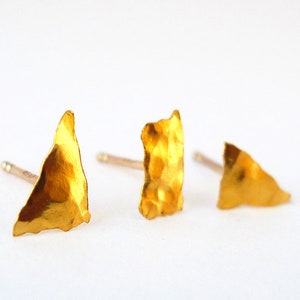 24K Gold Shapes. Unisex Hammered Recycled Pure Gold Earring. Mix & Match One Organic Primitive Rectangle Triangle 8mm 24K Raw Gold Stud. image 3