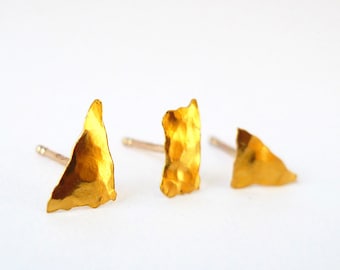 SALE. 24K Solid Gold Shapes. Unique Hammered Stylish Asymmetric Gold Earring. Mix & Match Organic Raw Shapes Crafted From Recycled 24K Gold